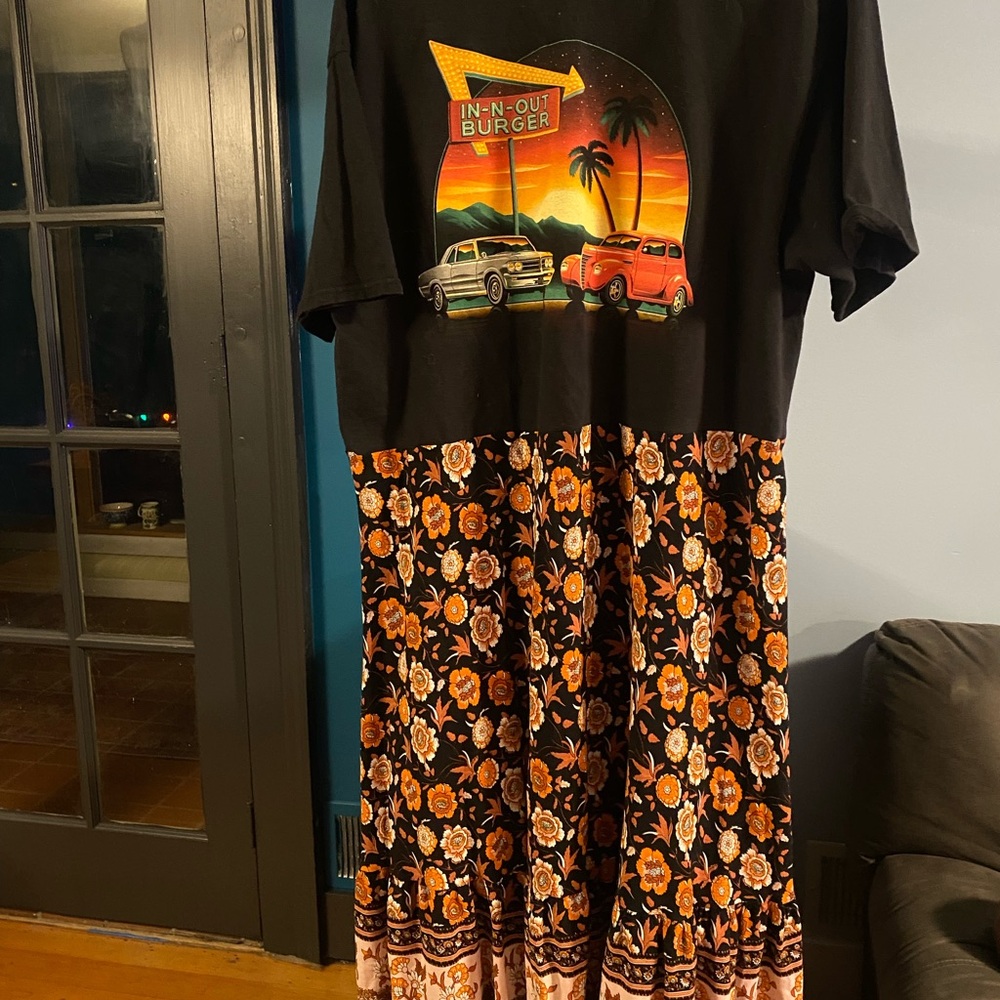 SOLD OOAK Upcycled tee shirt dress. Rayon Floral Black and Orange Skirt